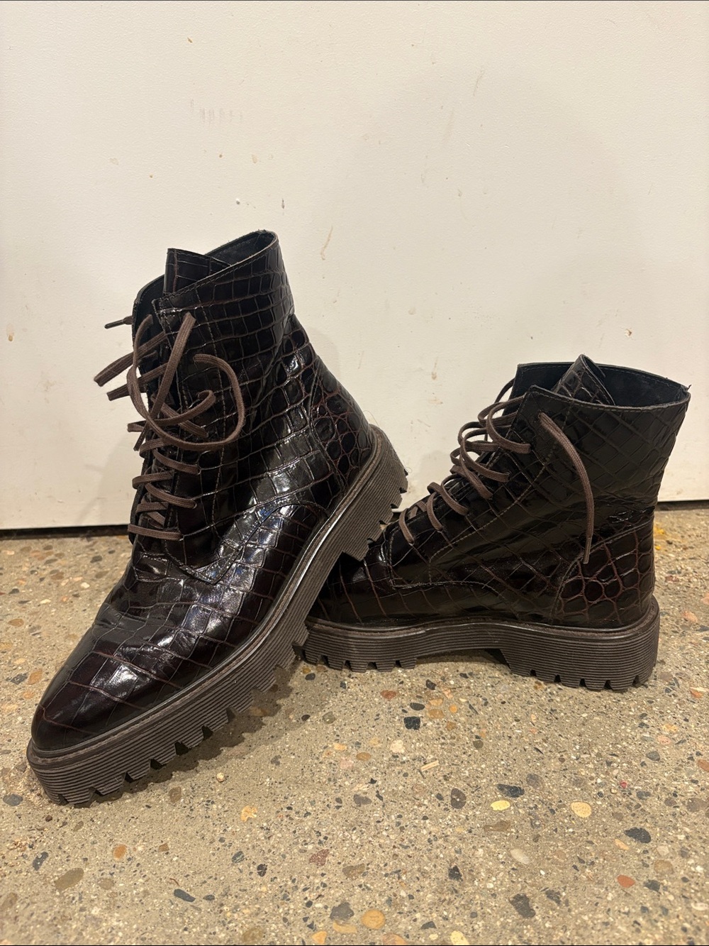 Freda Salvador Dark Brown Croc-Embossed Leather Lace-Up Women's Combat Boots
